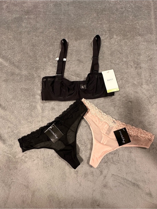 DKNY Other - NWT Women’s 3 Piece Lingerie Set - Black Sheer Bra + 2 Thongs - 34B & Size 5